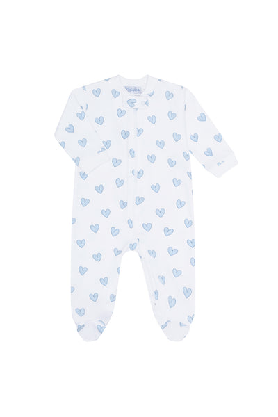 Blue Heart Print Zipper Footie 6 - 9 Months / Blue