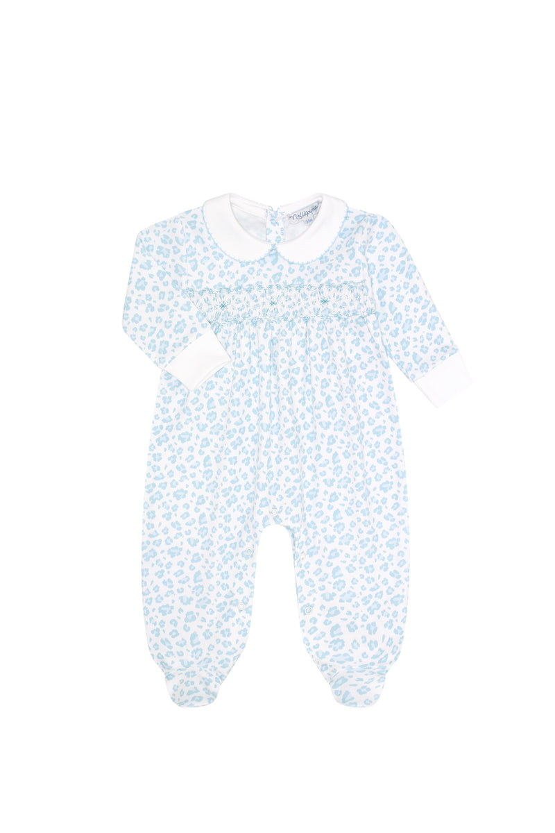 Blue Cheetah Print Smocked Footie