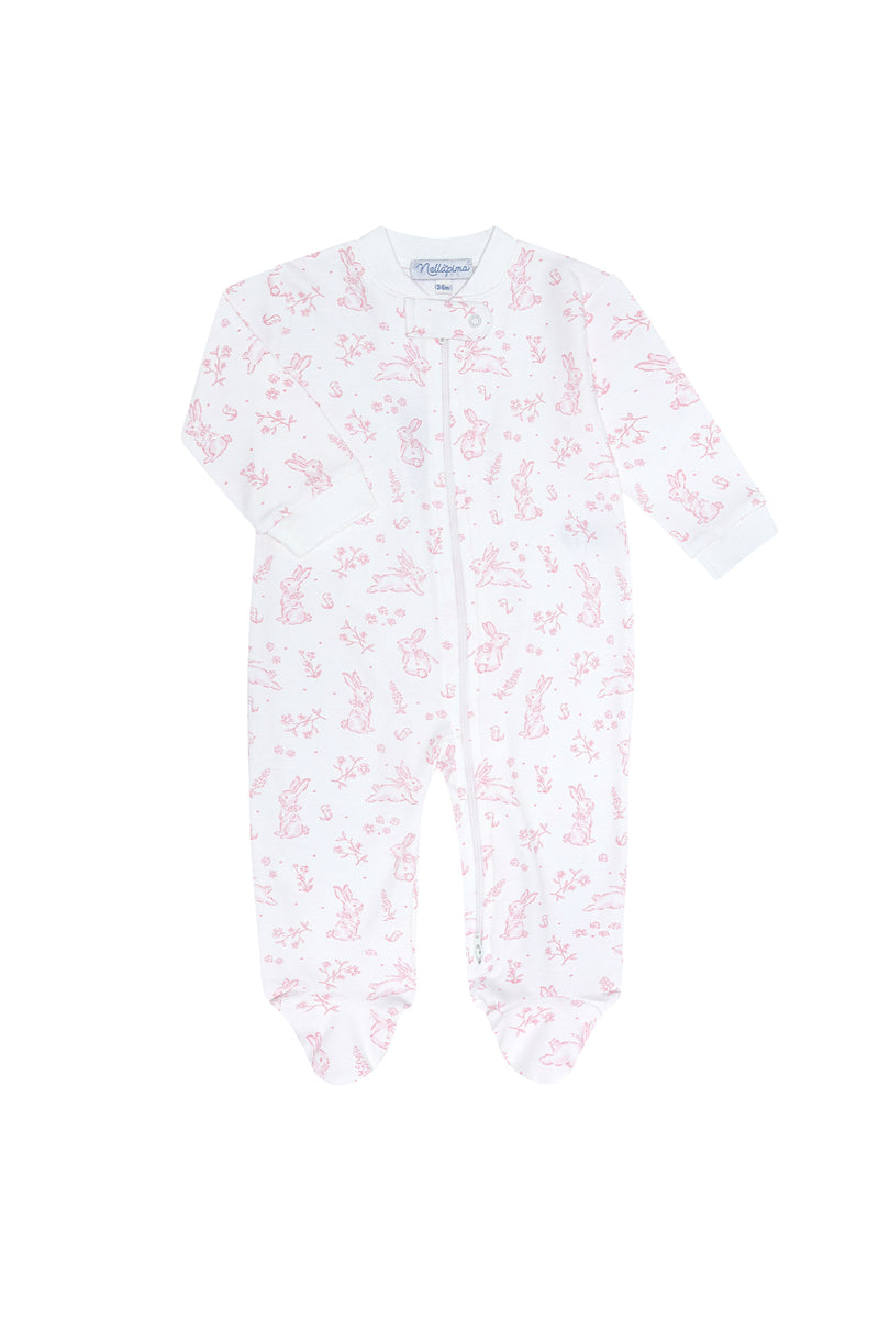 Pink Bunny Toile Zipper Footie